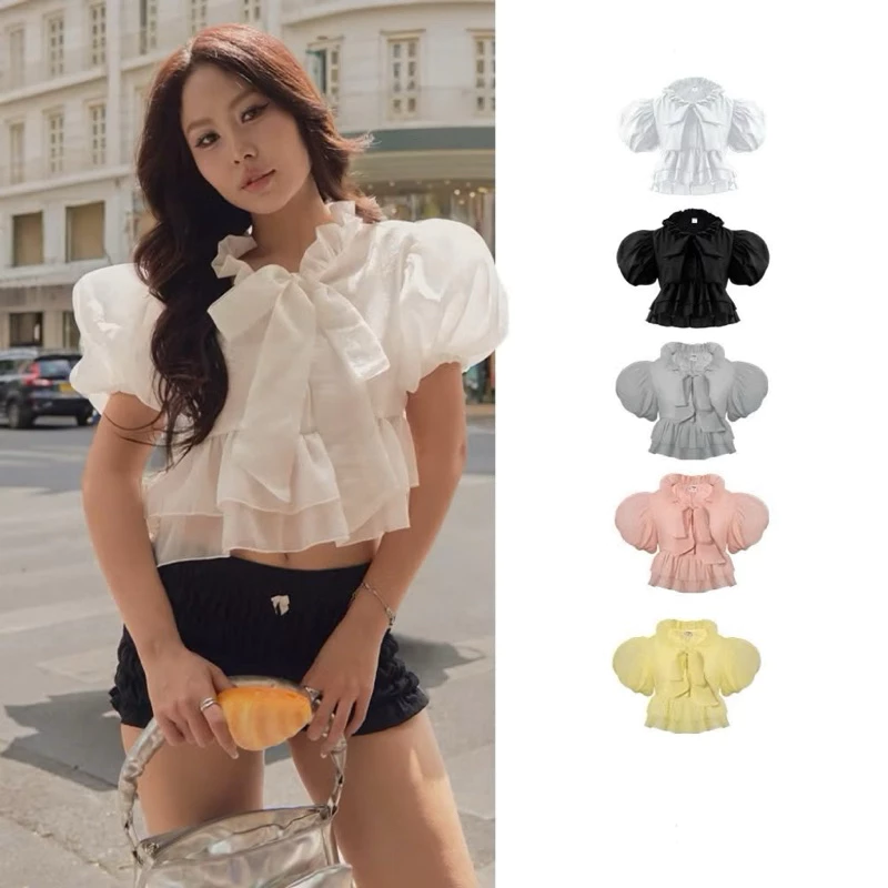 515 - Áo Thiết Kế Sơ Mi Nữ Tay Phồng Babydoll Vải Tơ Phối Nơ Joli Top