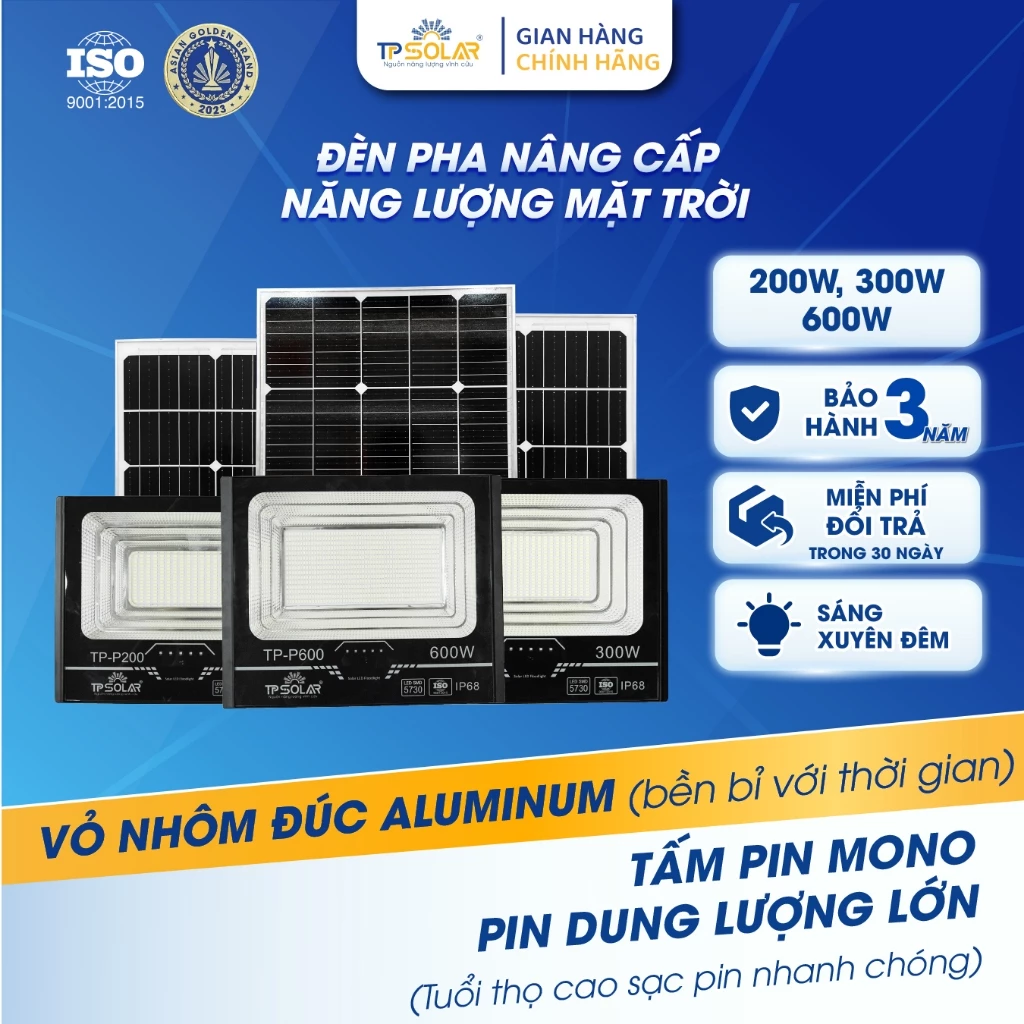 Đèn Pha Năng Lượng Mặt Trời Cao Cấp TP SOLAR Công Suất 200W, 300W, 600W Chiếu Sáng 100-300m2 Vỏ Nhôm Đúc, Sáng Xuyên Đêm