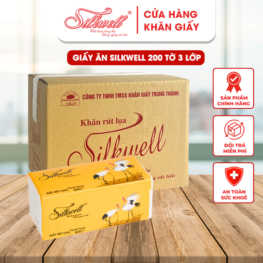 Giấy ăn Silkwell Sếu Thùng 9 gói 200 tờ 3 lớp chính hãng, giấy rút lụa siêu mềm mịn không tẩy trắng