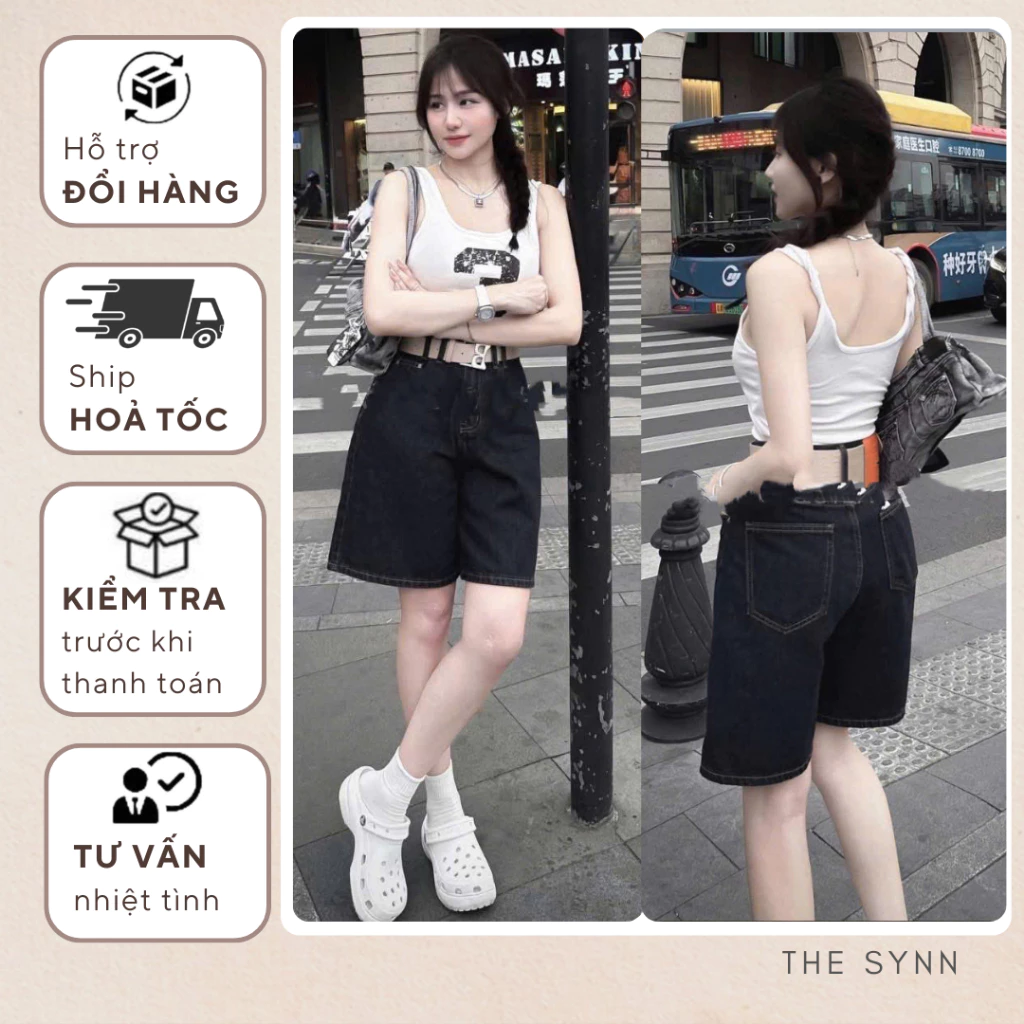 S05 - Quần Jeans Nữ Lửng Ngố Ống Rộng Màu Xanh Đậm Chỉ Nổi Thoải Mái