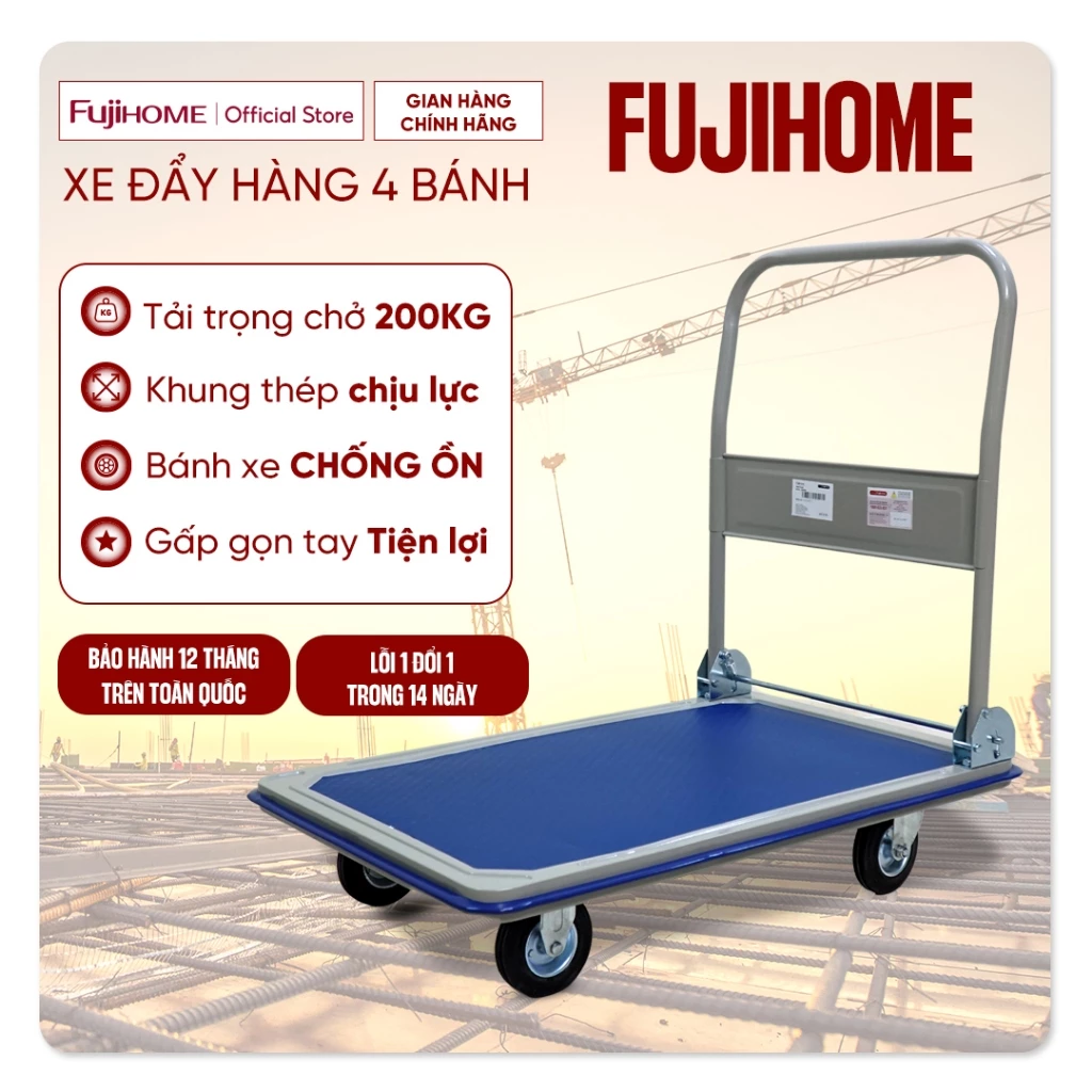 Xe đẩy hàng 4 bánh gấp gọn chở 200kg nhập khẩu FUJIHOME, xe kéo hàng xếp gọn chịu lực bánh xe xe chống ồn, bảo hành 1 nă