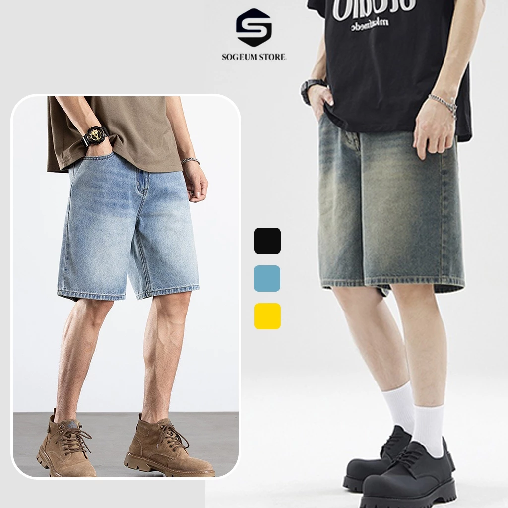Quần Short đùi Bò Jean Nam Trắng Đen Retro Wash Co Giãn, Quần Sooc bò trơn và rách thời trang form TRÊN GỐI Sogeum