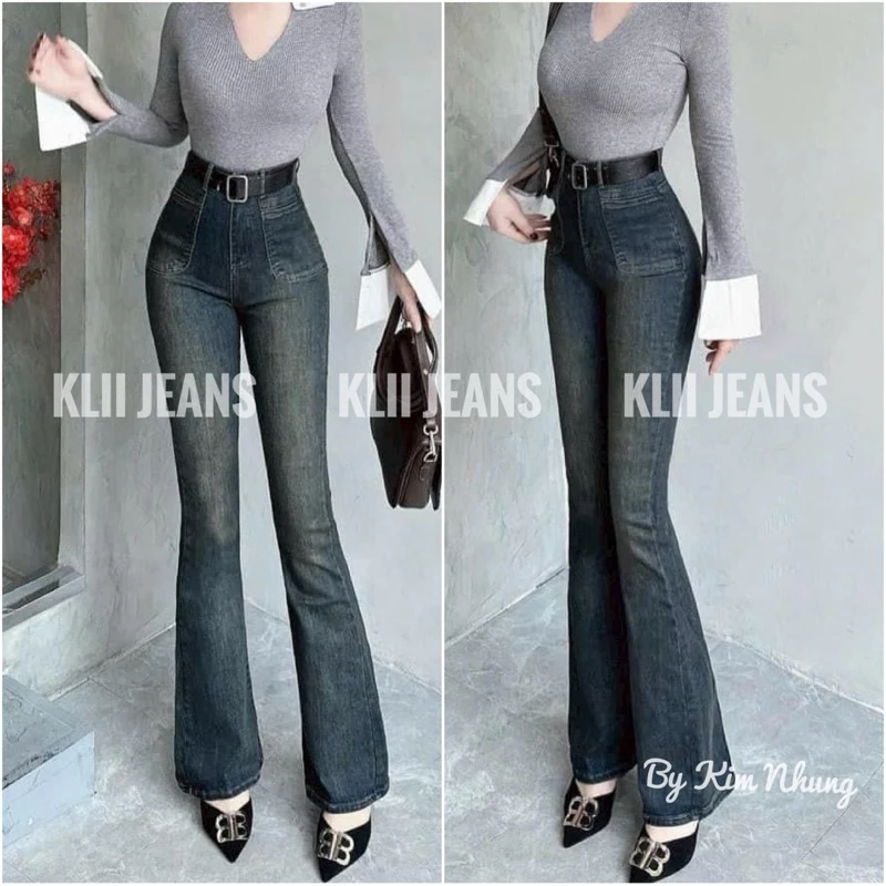 Quần jeans ống loe 100cm túi vuông siêu đẹp co giãn lưng cao🌷KLii jeans