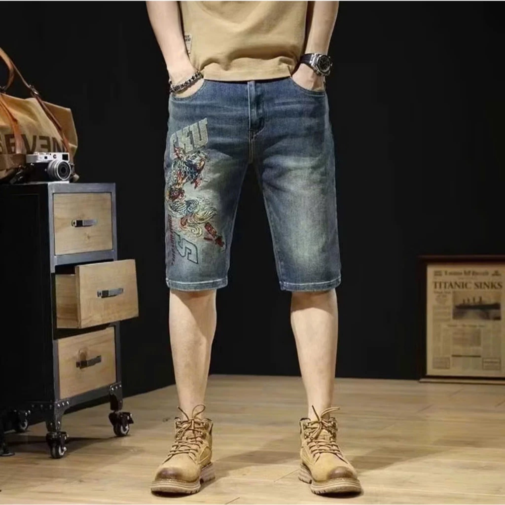 Quần short jean nam KENZA FASHION KJ141 vải co giãn, quần jean thêu cá sắc nét, dáng ôm vừa vặn cao cấp, cạp thường