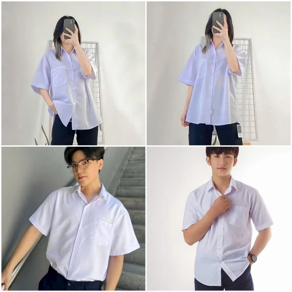 Áo Sơ Mi Học Sinh Màu Trắng TRơn Basic Cổ bẻ Nút Cài Tay Lỡ Có Túi Form Rộng Nam Nữ Chất kate Mềm Áo dưới 100k
