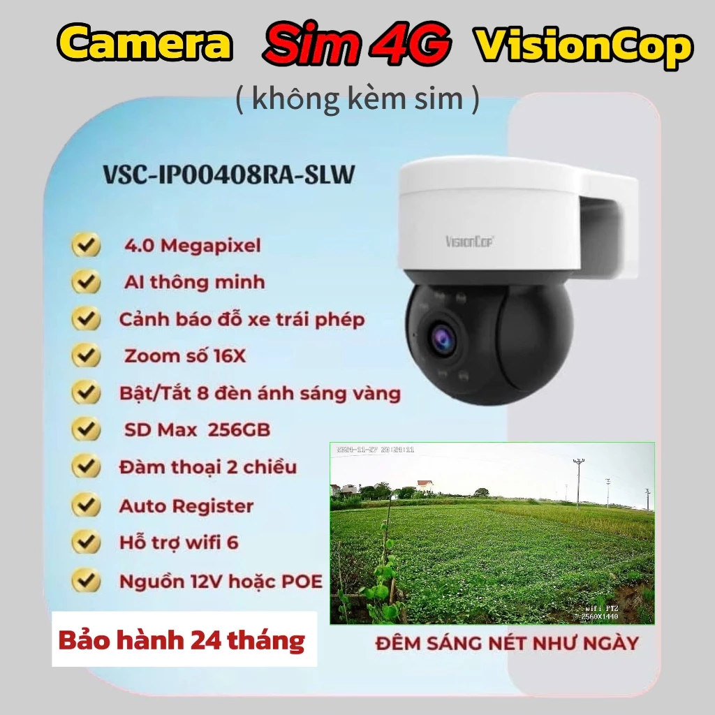 (QUÀ TẶNG đơn cam+thẻ)Camera Visioncop Ngoài Trời  wifi/4G 4MP Ảnh Nét NHÌN ĐỀM CÓ MÀU KHÔNG CẦN ĐÈN