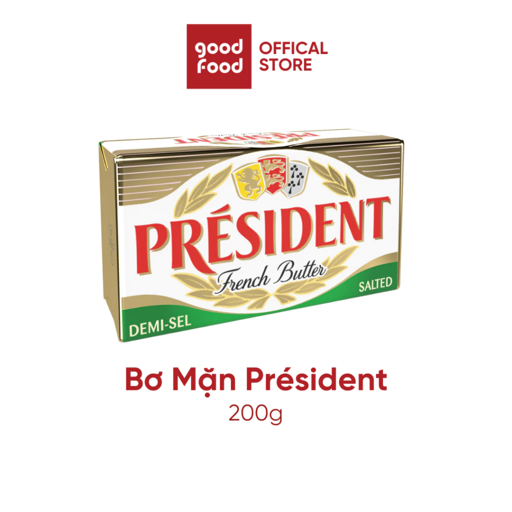 Bơ mặn nguyên khối 80% béo, nhập khẩu từ Pháp, đóng gói bằng nhôm chống rách, dễ bảo quản President - khối 200g