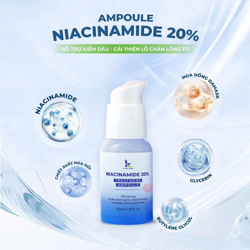 Serum B3 Niacinamide 20% K Lady Care 30ml Kiềm dầu, Thu nhỏ lcl, Hỗ trợ mờ nám tàn nhang, đốm nâu