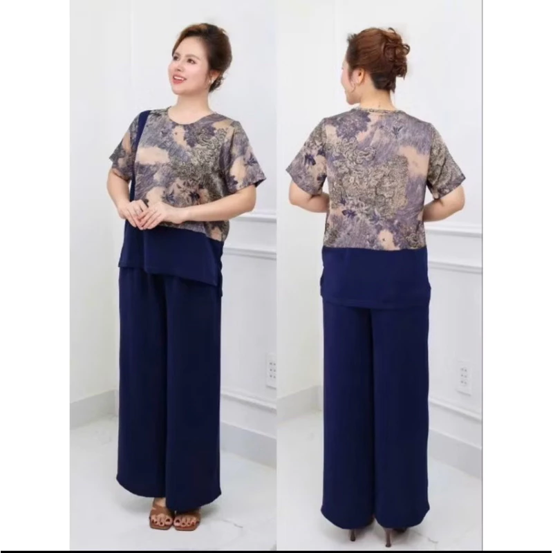 Đồ bộ trung niên, Sét đồ kiểu  cho các mẹ,quần dài ống rộng, chất lụa phối latinh thoáng mát  Ms87