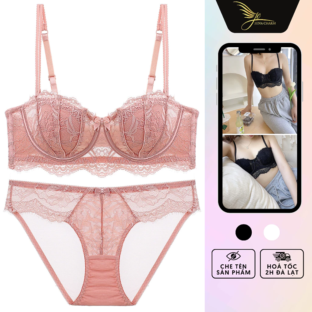 Bộ Đồ Lót Ren Cup Ngang Không Mút, Có Gọng Nâng Ngực Sexy JUNA Size 36/38 Thời Trang Đồ Lót Dành Cho Nữ, 2 Màu/SP2228