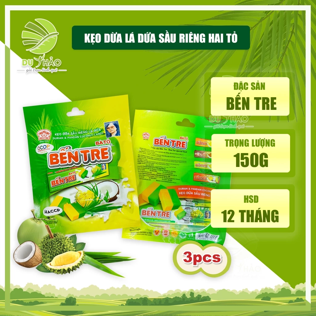 Kẹo dừa LÁ DỨA SẦU RIÊNG, kẹo dừa Bến Tre Hai tỏ túi 150g