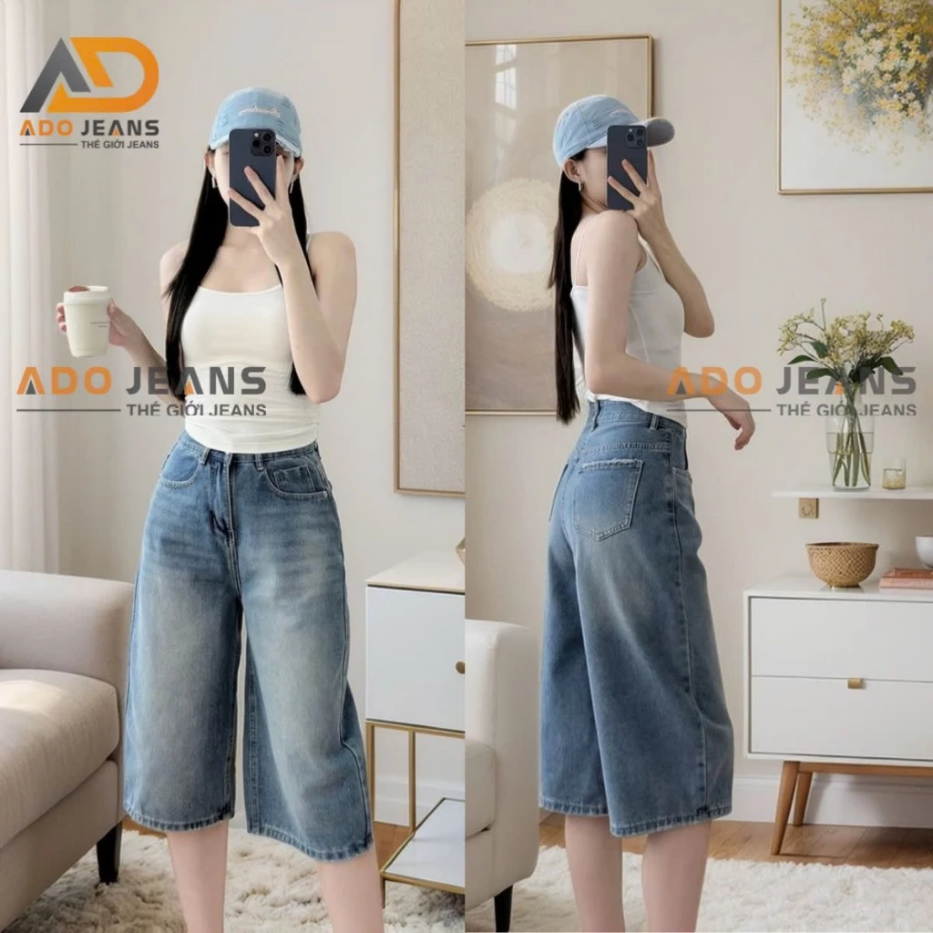 Quần short jean lửng, lưng cao ống rộng form dài qua gối - ADO JEANS (Mã S36-S40)