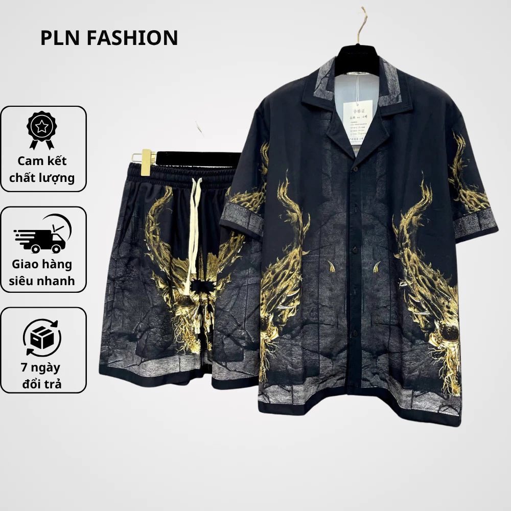 đồ bộ nam cộc tay dáng suông mặc đi du lịch đi biển, bộ sơ mi ngắn tay lụa cao cấp PLNfashion N47