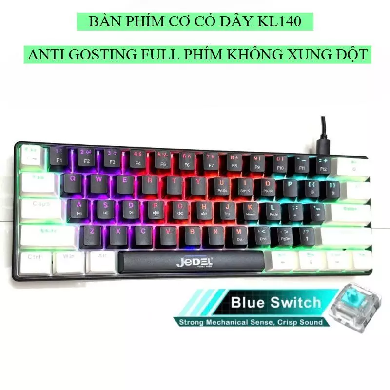 Bàn Phím Cơ Có Dây KL140- 61 Nút - LED 20 Hiệu Ứng - Anti-Ghosting Full Phím - Blue Switch - Cáp TypeC ->USB