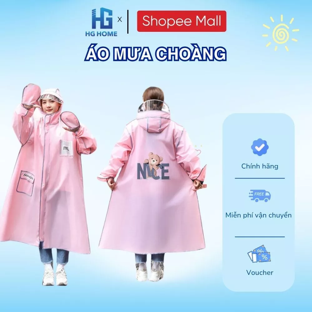 Áo Mưa Thời Trang Dáng Dài In Hình Gấu Hai Lớp Dày Dặn Có Kính Chắn Mưa, Khoá Kéo Tiện Lợi HGHOME
