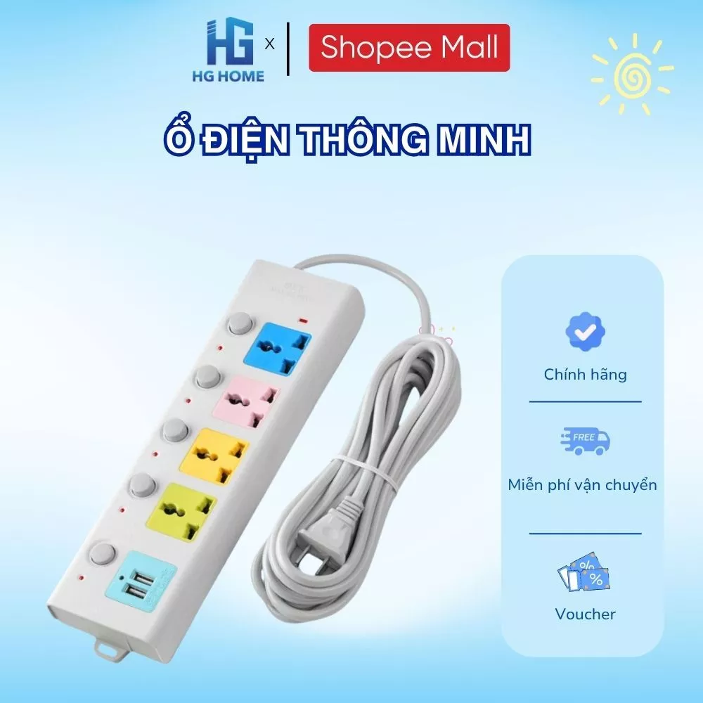 Ổ Cắm Điện Đa Năng HGHOME Chịu Tải 2500W Có Cổng USB, Chốt Bấm Chống Giật An Toàn [ HÀNG CAO CẤP ]