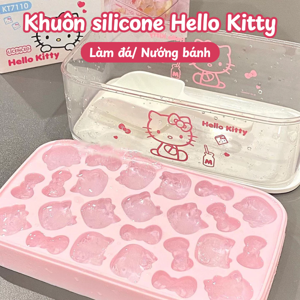 Khay Làm Đá Hello Kitty 24 Ô Có Hộp Đựng Nắp Đậy – Khuôn Silicone An Toàn Làm Đá Viên, Thạch Pudding, Kẹo Dẻo