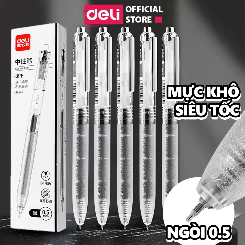 [Pack 3 hot] Hộp 3 Bút Gel Đệm Tay Chống Ố Nhanh Khô Deli Ngòi ST 0.5mm Nét Mảnh Mực Đen Viết Trơn Tru