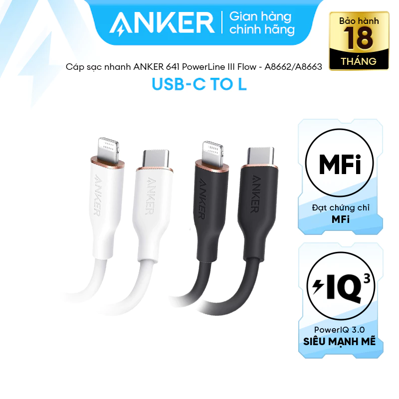 Cáp Sạc Nhanh ANKER 641 PowerLine III Flow USB-C to L - Đạt MFi - Chất liệu Silicone - Cho iPhone 8-14 & iPad - A8662/3