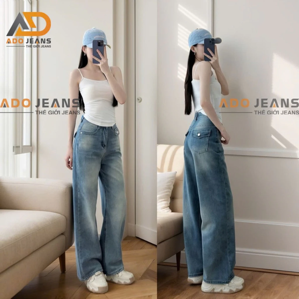 Quần Jean nữ ống suông dáng dài , Quần bò nữ cạp cao tối hộp xinh xắn-DTH06