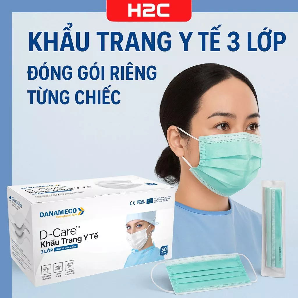 Khẩu trang y tế Danameco đã tiệt trùng lớp kháng khuẩn giấy vi lọc  màu xanh lá SMS VT hiệu năng 98%