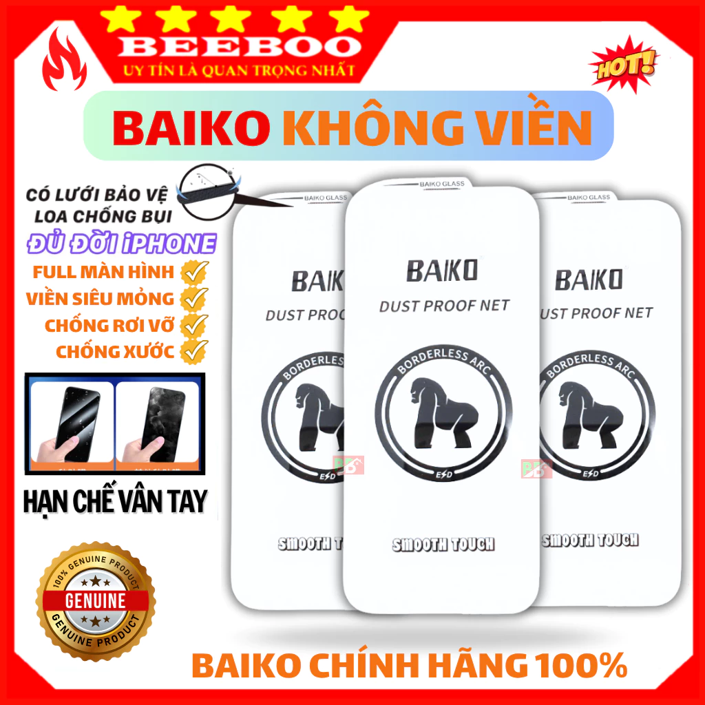 Kính cường lực Baiko iphone không viền Full màn hình cho ip 18 17 ProMax 17 Pro 16 ProMax 15 14 13 12 11 Pro Max X Xs Xr