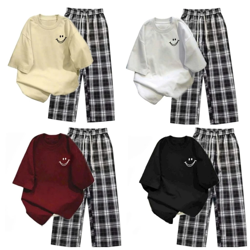 Sét Bộ Quần Kẻ Caro đen  + mix áo phông in mặt cười  nam nữ cotton-Thu Ba