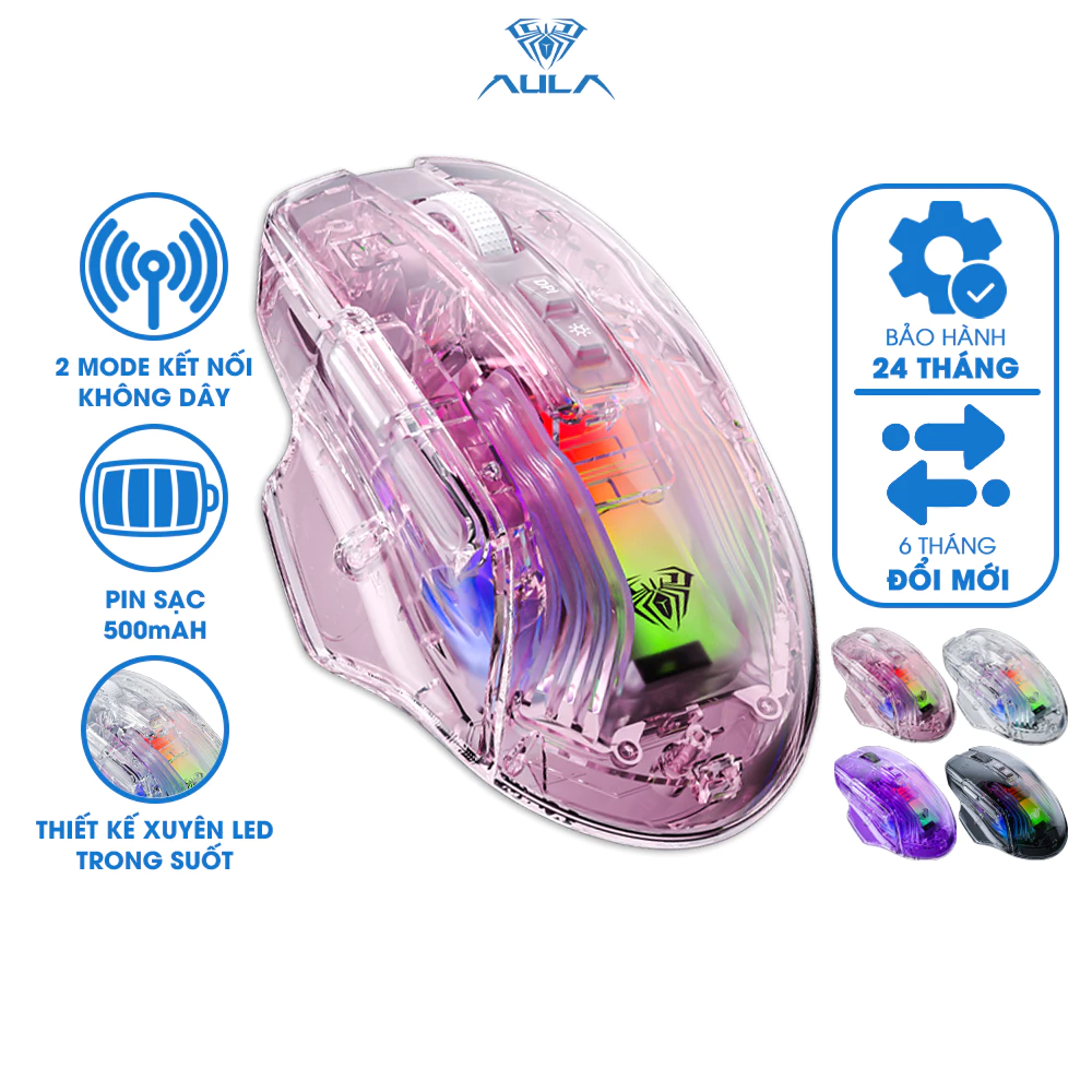 Chuột Không Dây AULA SC518 2 Mode Kết Nối Bluetooth USB 2.4Ghz DPI Xuyên LED Trong Suốt Chính Hãng