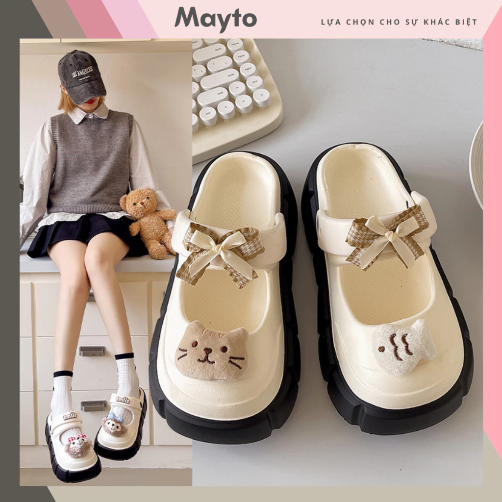 Dép sục bánh mì nữ Mayto kiểu dáng mary jane đế cao 5 cm đính kèm charm nơ cá mèo dễ thương hottrend 2026 CS-103