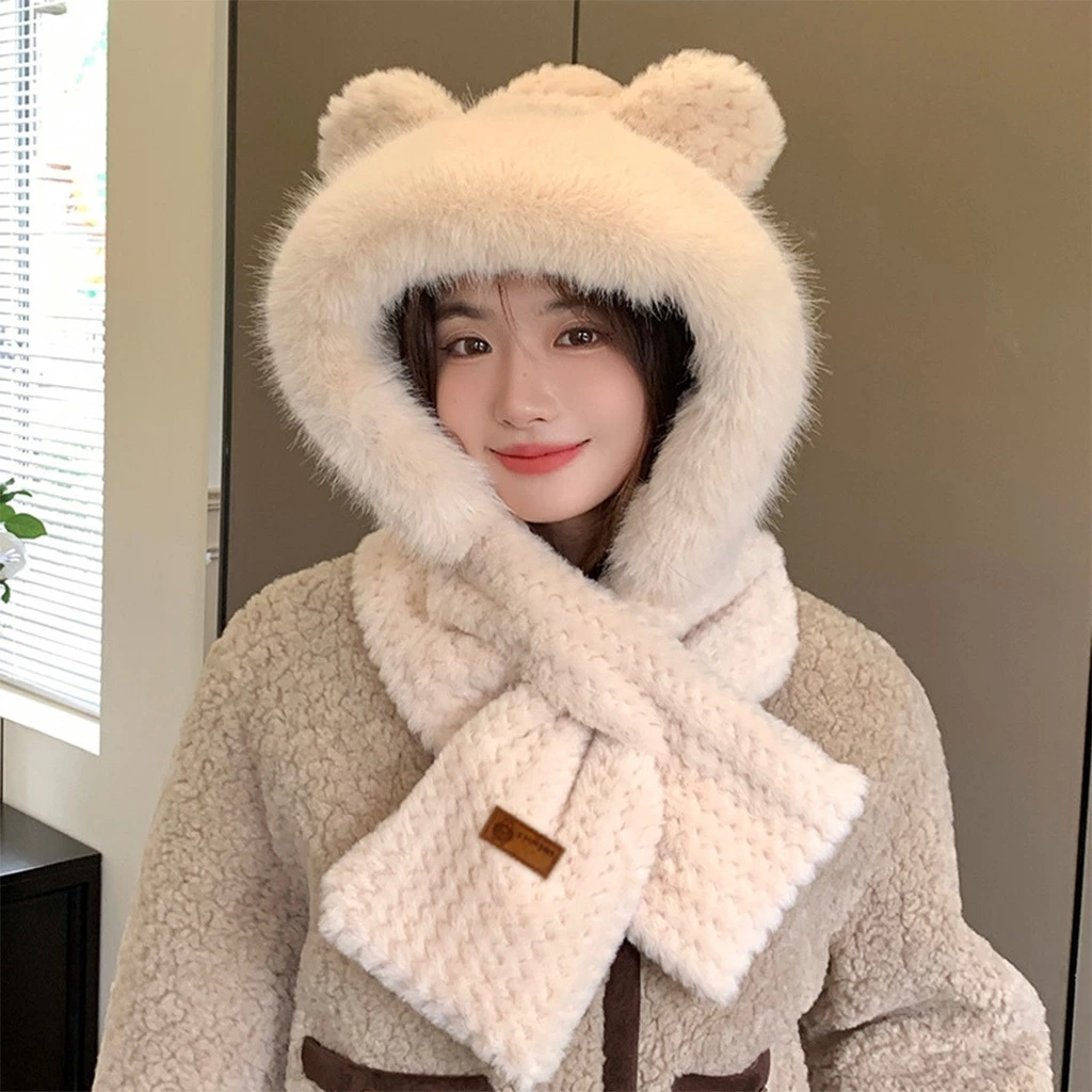 【Hwang】Mũ Khăn Xỏ Logo Da - Mũ lông trùm đầu tai mèo cute, Mũ len trùm đầu kèm khăn giữ ấm cho mùa đông