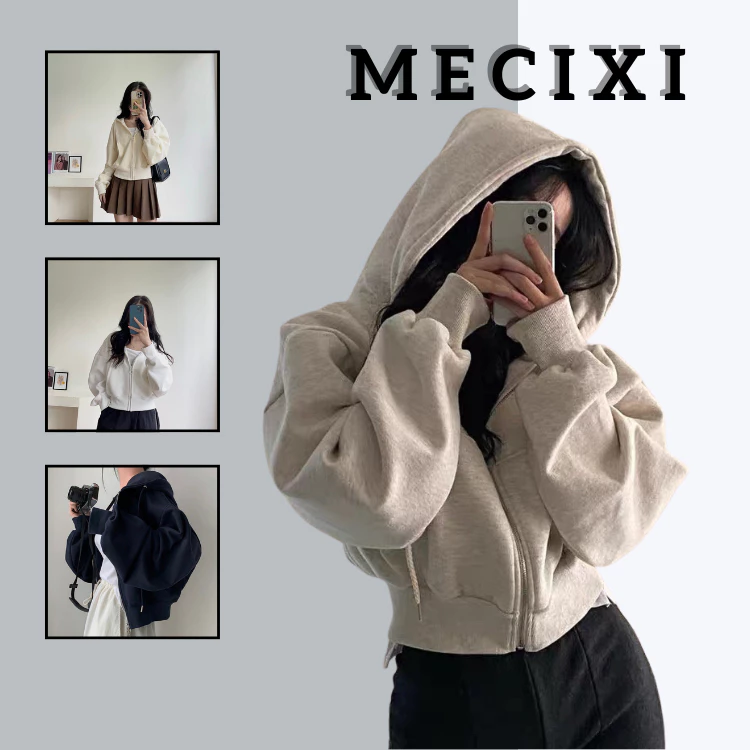 Áo Khoác Nỉ Hàn Vải Mịn Dày Dặn Mecixi Áo Hoodie Zip Dáng Ngắn Form Rộng Mũ To T015