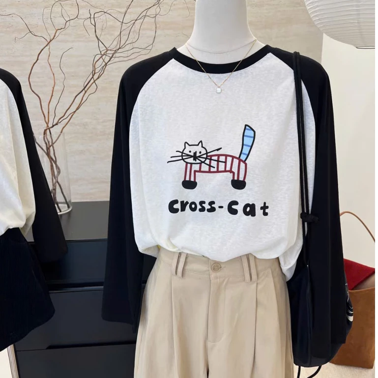 Áo Thun nữ phối tay In Hình ANHSTORE, Áo thun xược dài tay phối màu phom rộng Cá Tính