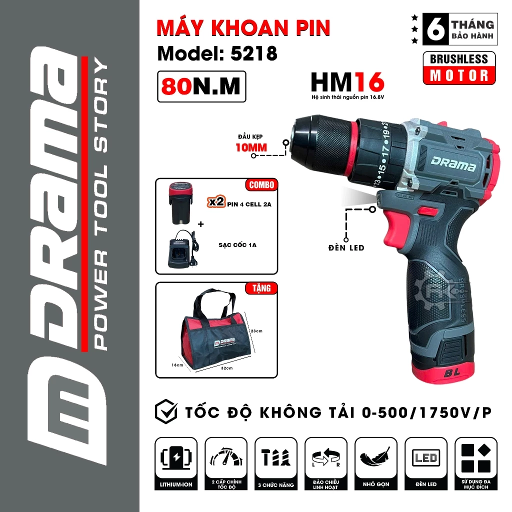 Máy khoan pin DRAMA 5218, 10mm, 3 Chức Năng, Không Chổi Than, Có KHOÁ TRỤC, Tặng túi vải