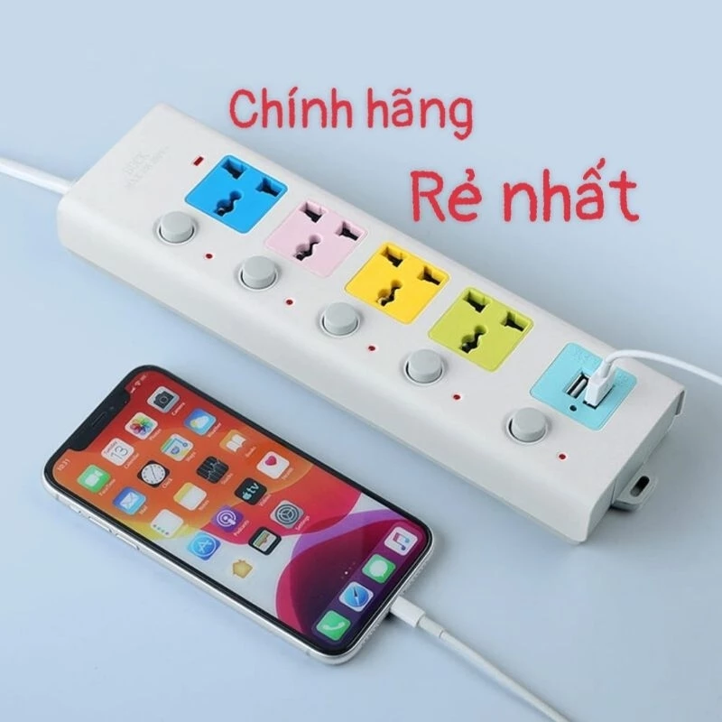 Ổ điện đa năng sạc nhanh, tự ngắt dây nối dài, thông minh chịu tải cao 2200w
