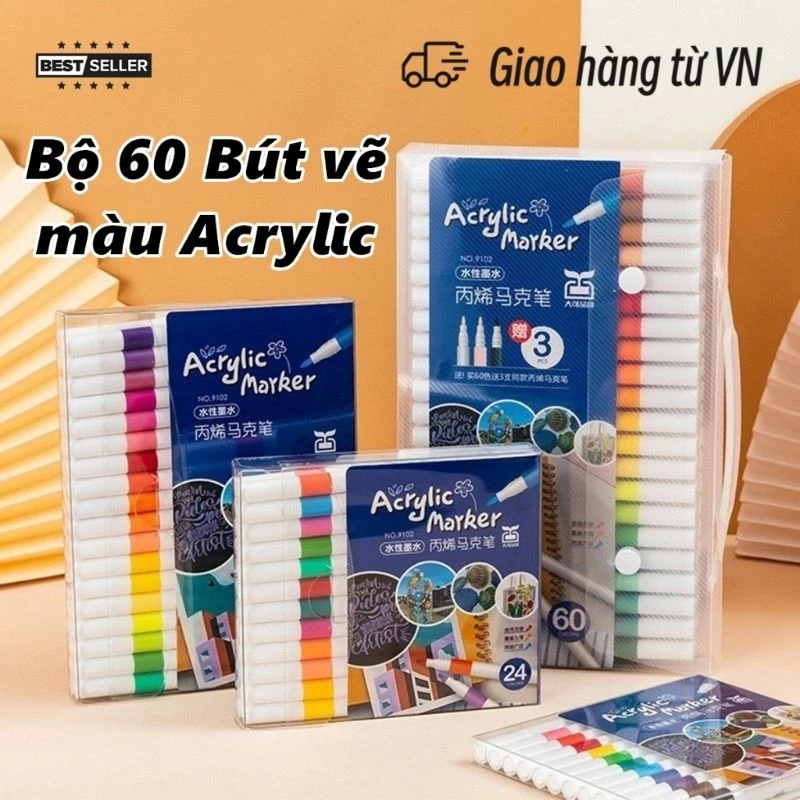 Bút Màu Acrylic Marker 12/24/36/48/60 Cao Cấp Màu Sắc Tươi Sáng - Bút Lông Màu