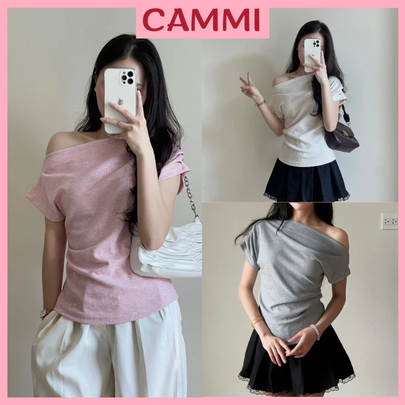 Áo Thun Lệch Vai Xếp Ly, Áo Kiểu Sườn Nhún Eo Điệu Đà, Áo Phông Form Vừa Chất Vải Co Dãn Mềm Mịn HA500