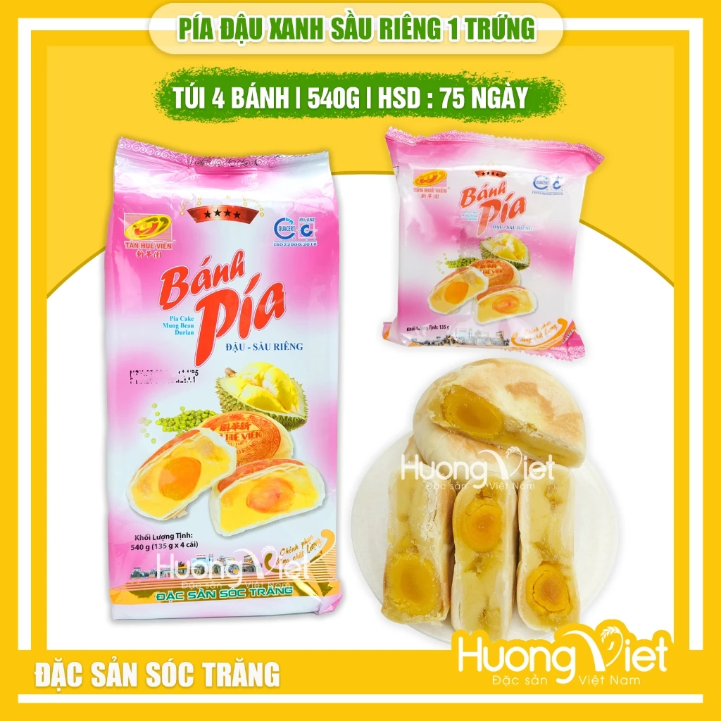 Bánh pía đậu xanh sầu riêng 1 trứng Tân Huê Viên 540g, bánh pía Sóc Trăng chính hãng Tân Huê Viên  [TÚI 4 BÁNH]