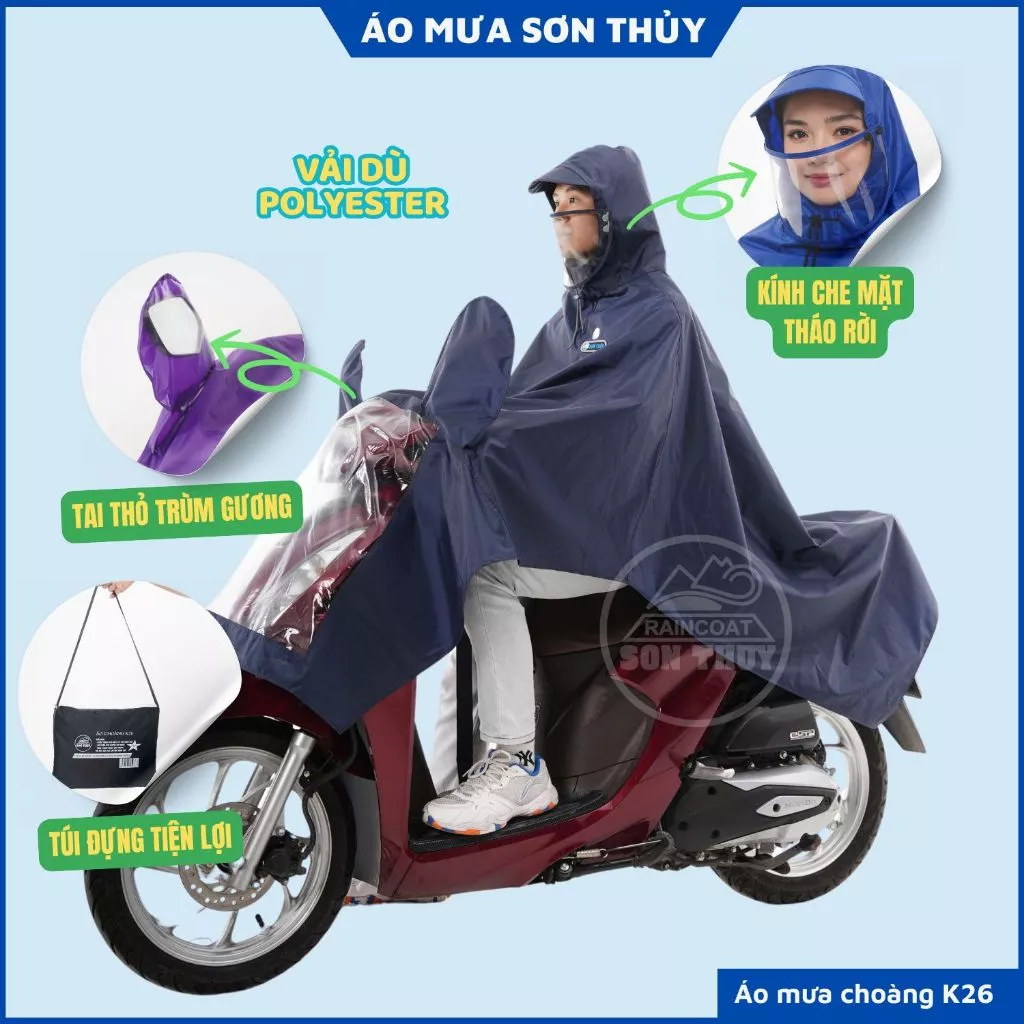 Áo mưa choàng Sơn Thủy K26, áo mưa có kính che mặt và gương tai thỏ vải dù siêu nhẹ cao cấp mới- K26 ST1