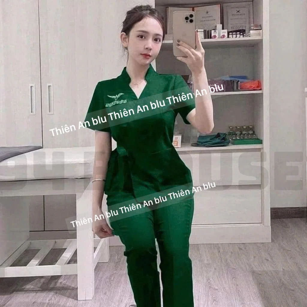 Đồng Phục Spa Thắt Nơ Cổ Tàu Dáng Trẻ Trung, Đồng Phục Thẩm Mỹ Viện Chất Cotton Lạnh Cao Cấp Hàn