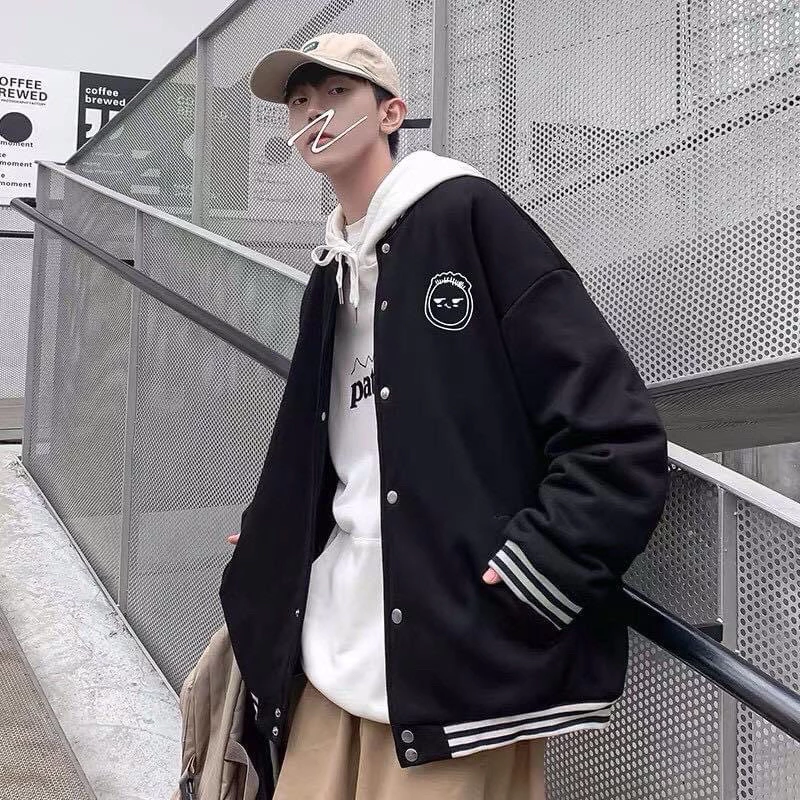 BOMBER NÚT BẤM - Áo khoác Bomber F vải pici mịn mát form rộng nam nữ unisex màu ĐEN 🖤