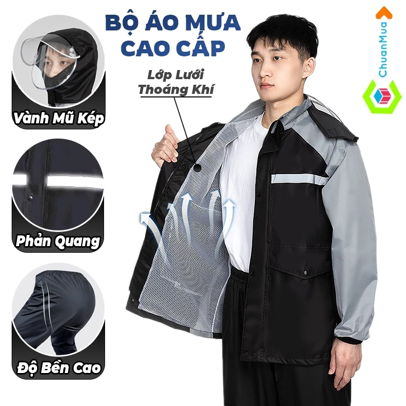 Áo Mưa Bộ Cao Cấp 1 Người Lót Lớp Lưới Thoáng Khí Có Phản Quang ( Áo Mưa Dây Kéo 2 Lớp Thời Trang )