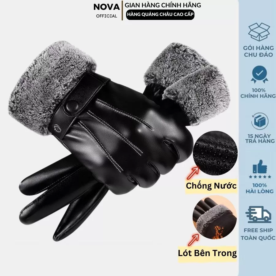 Găng tay da nam nữ, bao tay da mùa đông chống nước lót nỉ bên trong giữ ấm chống lạnh thời trang NOVA Store