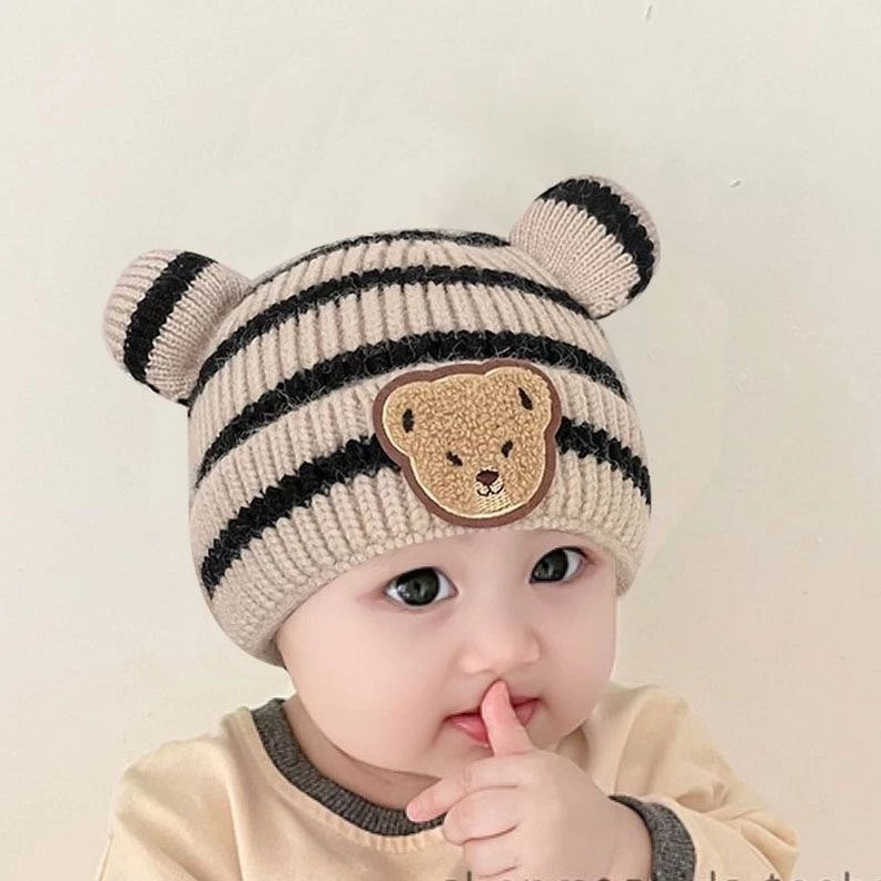 【Hwang】Mũ Len Bé Gấu Sọc Ngang - Nón len phong cách Hàn Quốc dày dặn ấm áp cho bé từ 3-12 Tháng