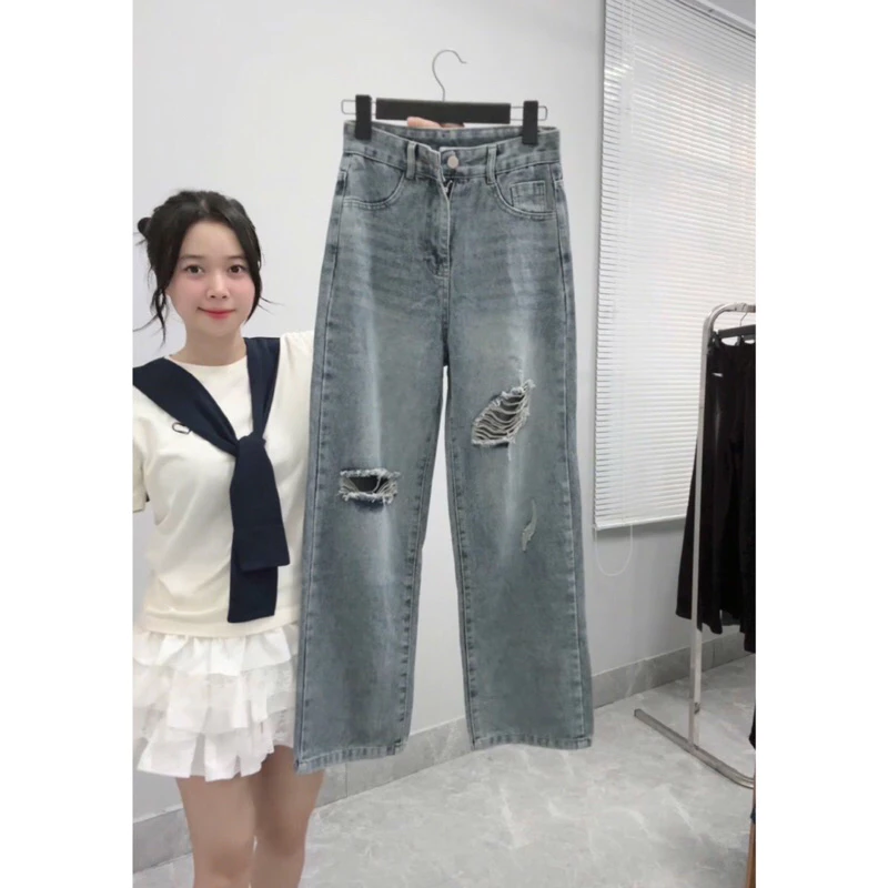 (SUÔNG NẤM LÙN) QUẦN JEANS NỮ ỐNG SUÔNG PHỐI RÁCH 2 BÊN ( 2 loại 90cm 9tấc và 100cm )
