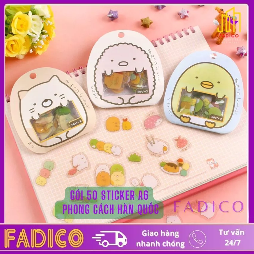 Gói 50 miếng Sticker Cute Trang Trí Sổ Dễ Thương nhiều mẫu,Sticker dán sổ hoạt hình phong cách hàn quốc-fadico