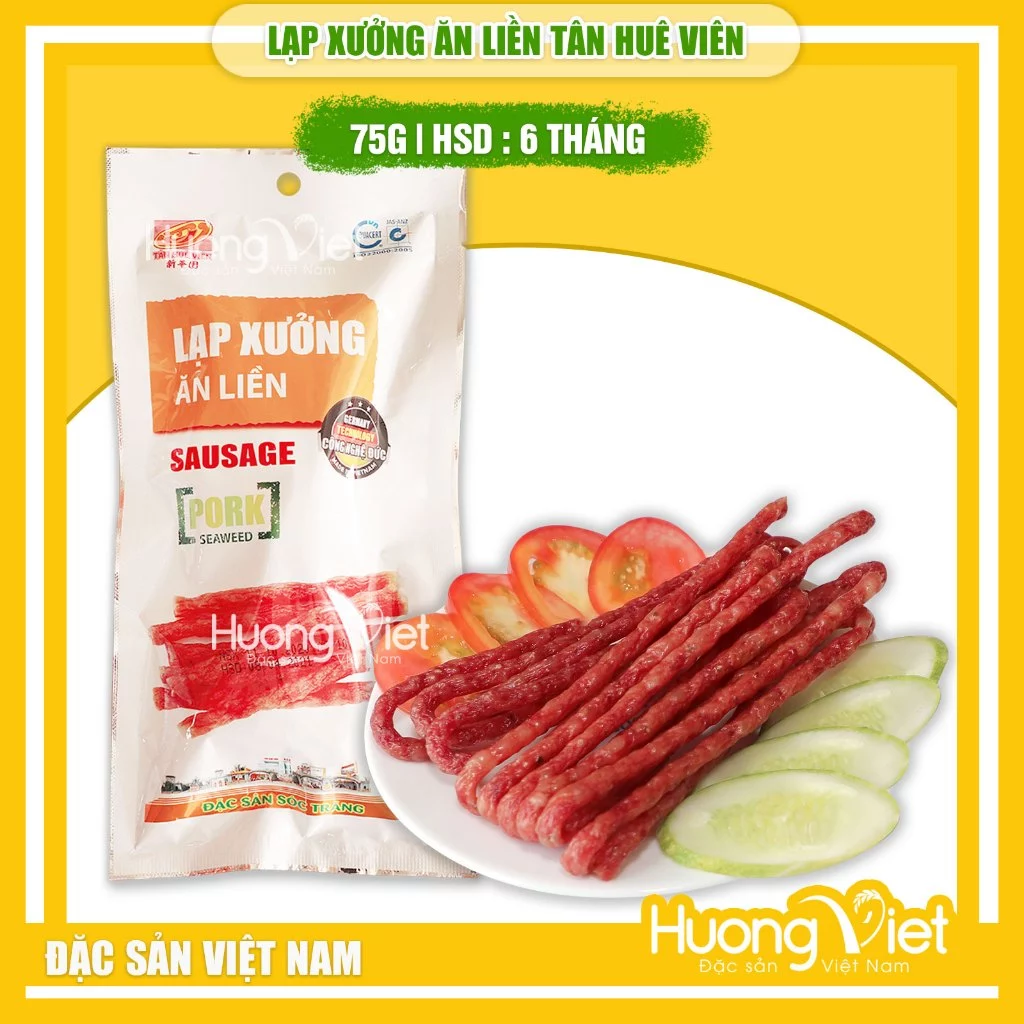 Lạp Xưởng ăn liền Tân Huê Viên túi 75g, lạp xưởng ăn ngay không cần chế biến, lạp xưởng Sóc Trăng, ăn vặt Sài gòn