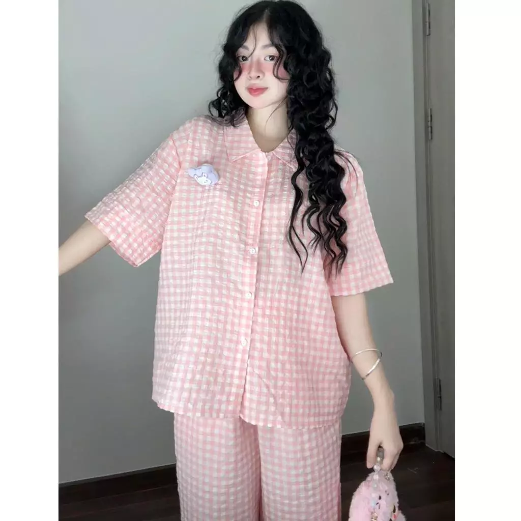 Bộ đồ ngủ kiểu nữ chất cotton mây dáng dài họa tiết kẻ ô vuông form rộng Kozoda Women BN5