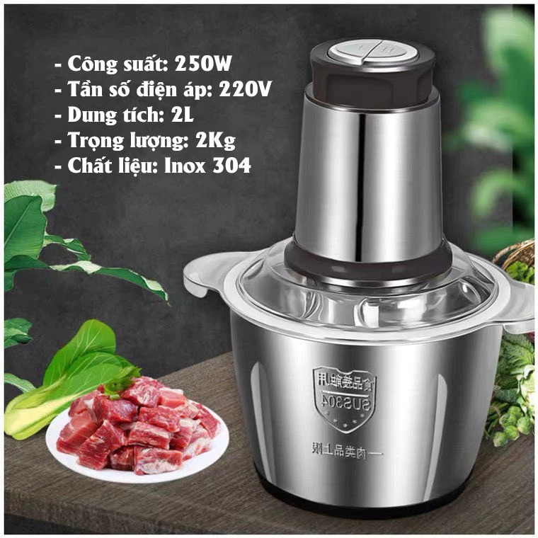 Máy Xay Thịt Cối Inox 2L, Máy Chế Biến Thực Phẩm Công Suất 250W Siêu Bền Bỉ