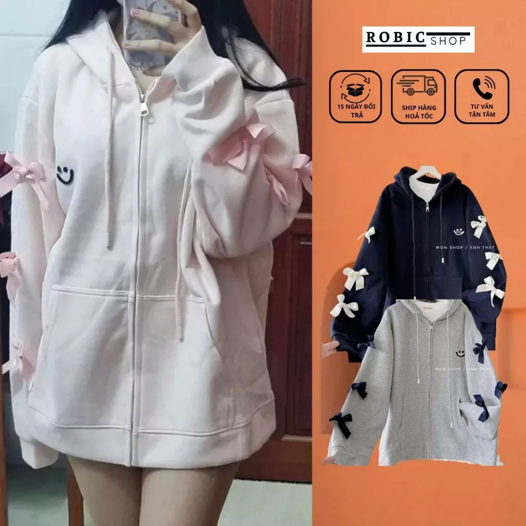 Áo Hoodie Zip Tay Đính Nơ, Áo Khoác Nam Nữ Unisex Chất Nỉ Bông Form Rộng Hottrend-ROBIG