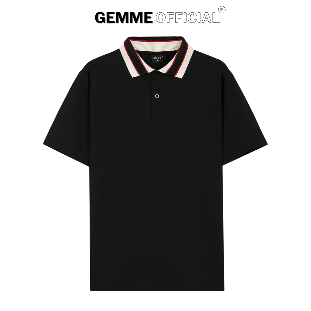 Áo thun polo nam cotton đen phối cổ sọc đỏ big size CVC PREMIUM GEMME MEN 55kg-150kg, đen, chuẩn form, Big Size